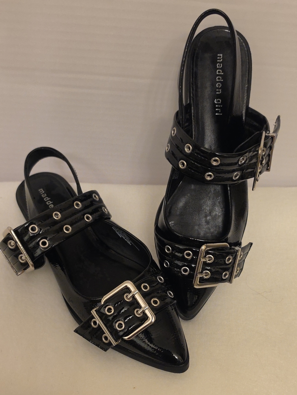 Madden Girl Black Patent Pointed Slingback Flats with Buckle Straps